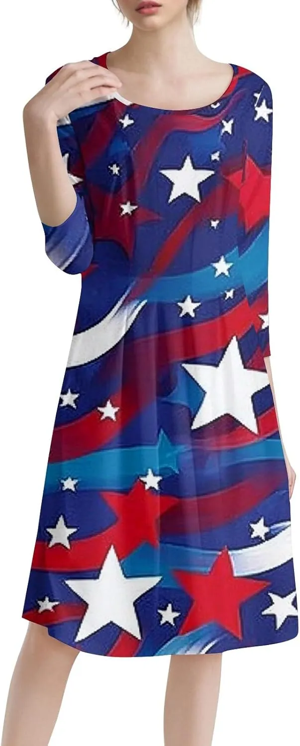 4th of July Outfits Casual Fashion Round Neck Three Quarter Sleeve Print Midi Dress Independence Day Apparel