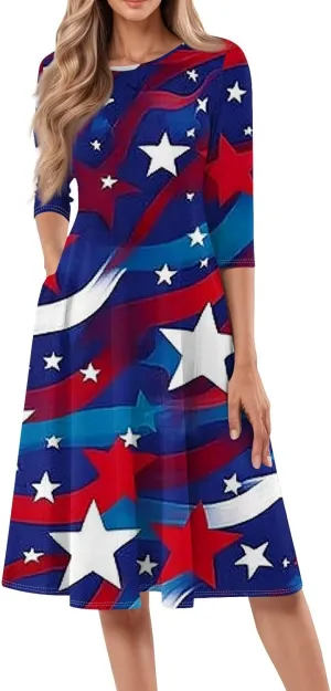 4th of July Outfits Casual Fashion Round Neck Three Quarter Sleeve Print Midi Dress Independence Day Apparel