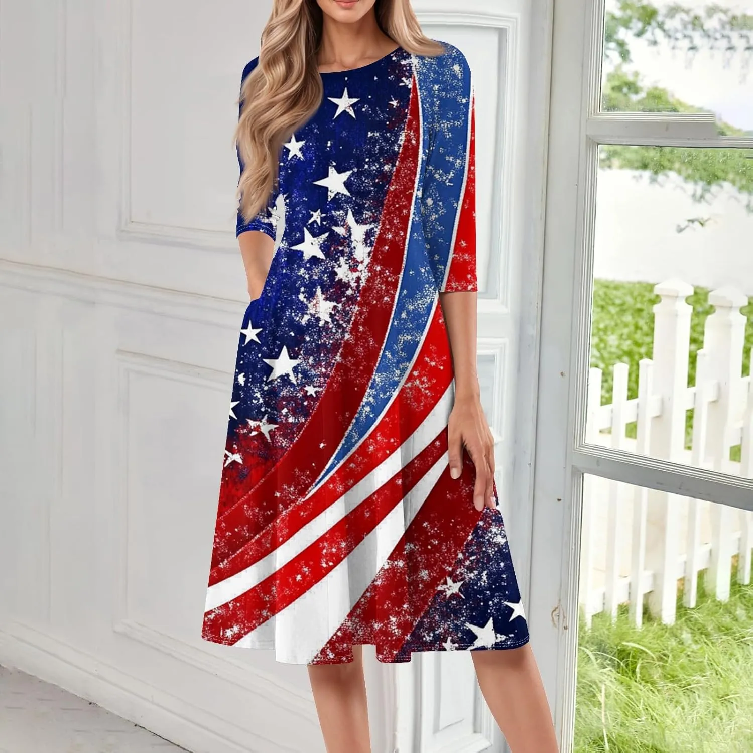 4th of July Outfits Casual Fashion Round Neck Three Quarter Sleeve Print Midi Dress Independence Day Apparel