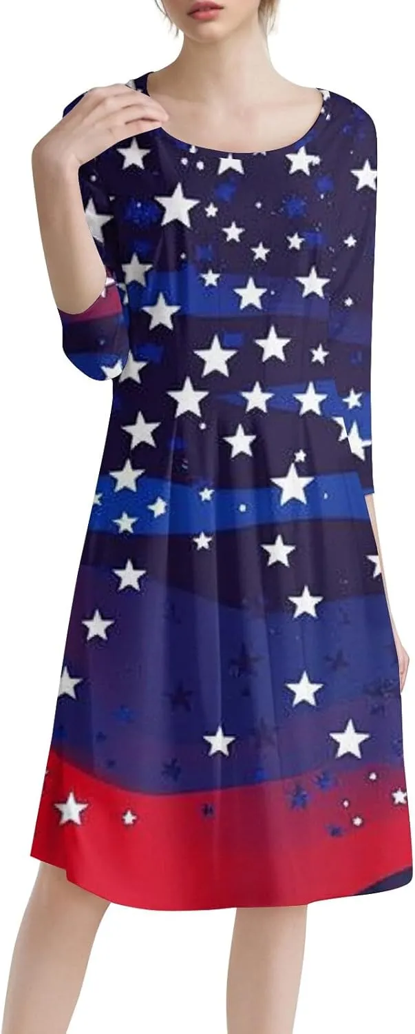 4th of July Outfits Casual Fashion Round Neck Three Quarter Sleeve Print Midi Dress Independence Day Apparel
