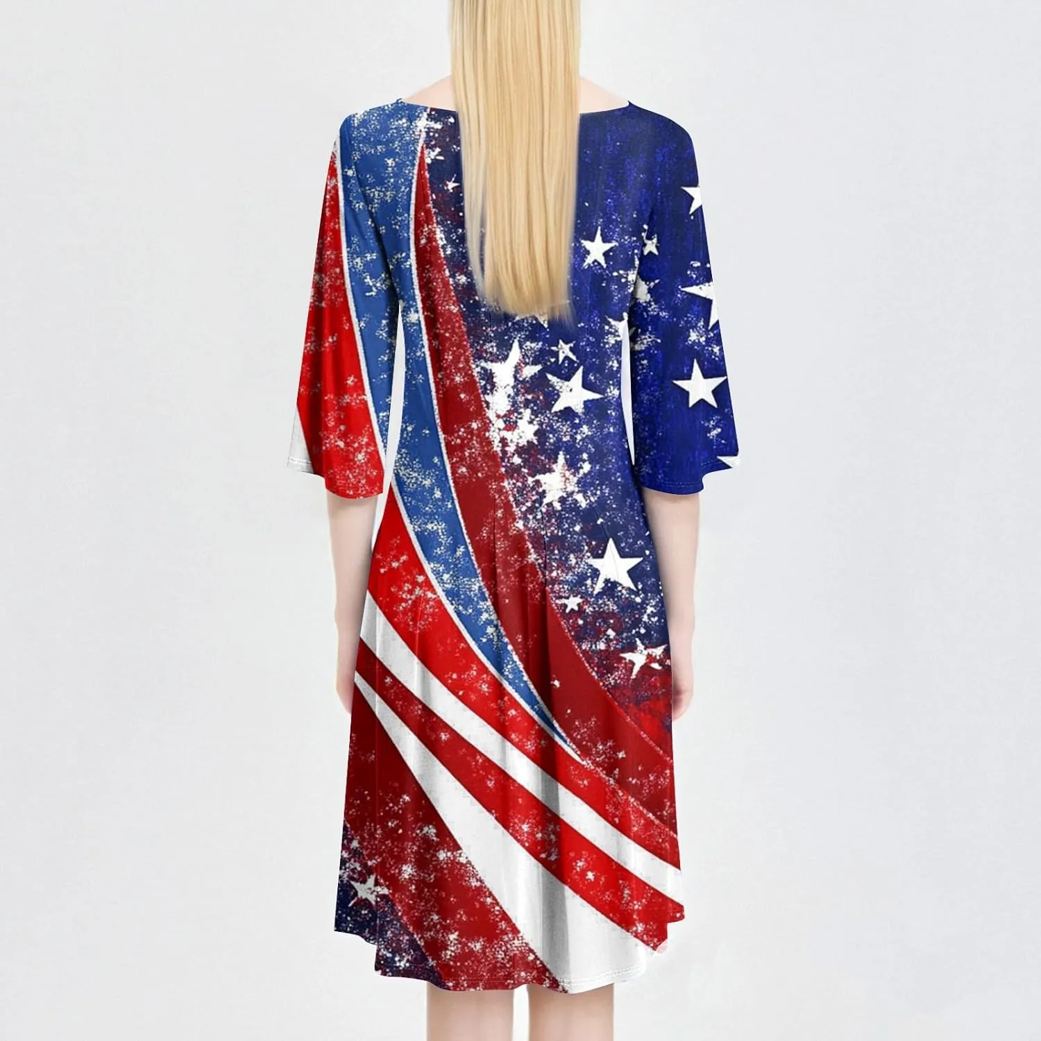 4th of July Outfits Casual Fashion Round Neck Three Quarter Sleeve Print Midi Dress Independence Day Apparel