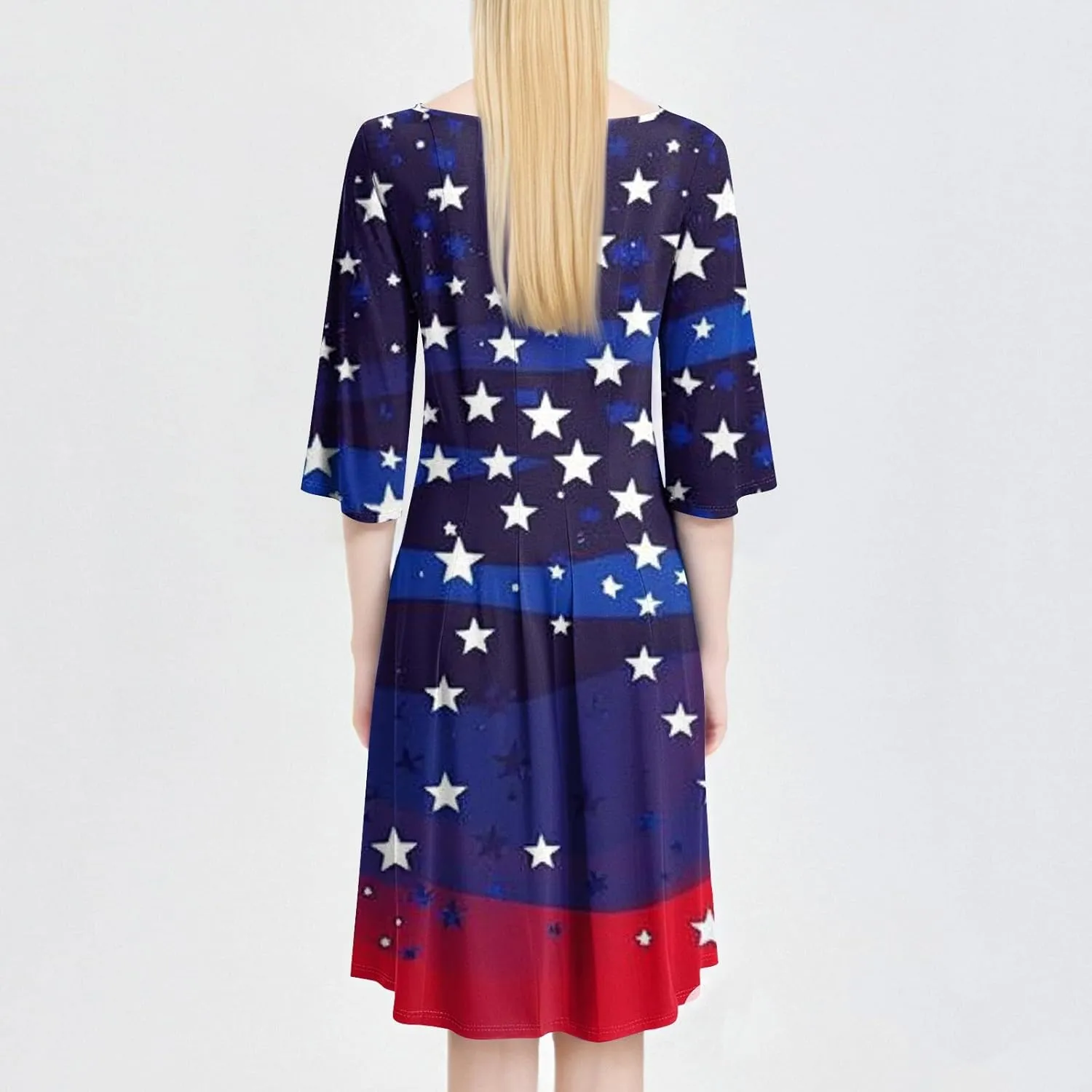4th of July Outfits Casual Fashion Round Neck Three Quarter Sleeve Print Midi Dress Independence Day Apparel
