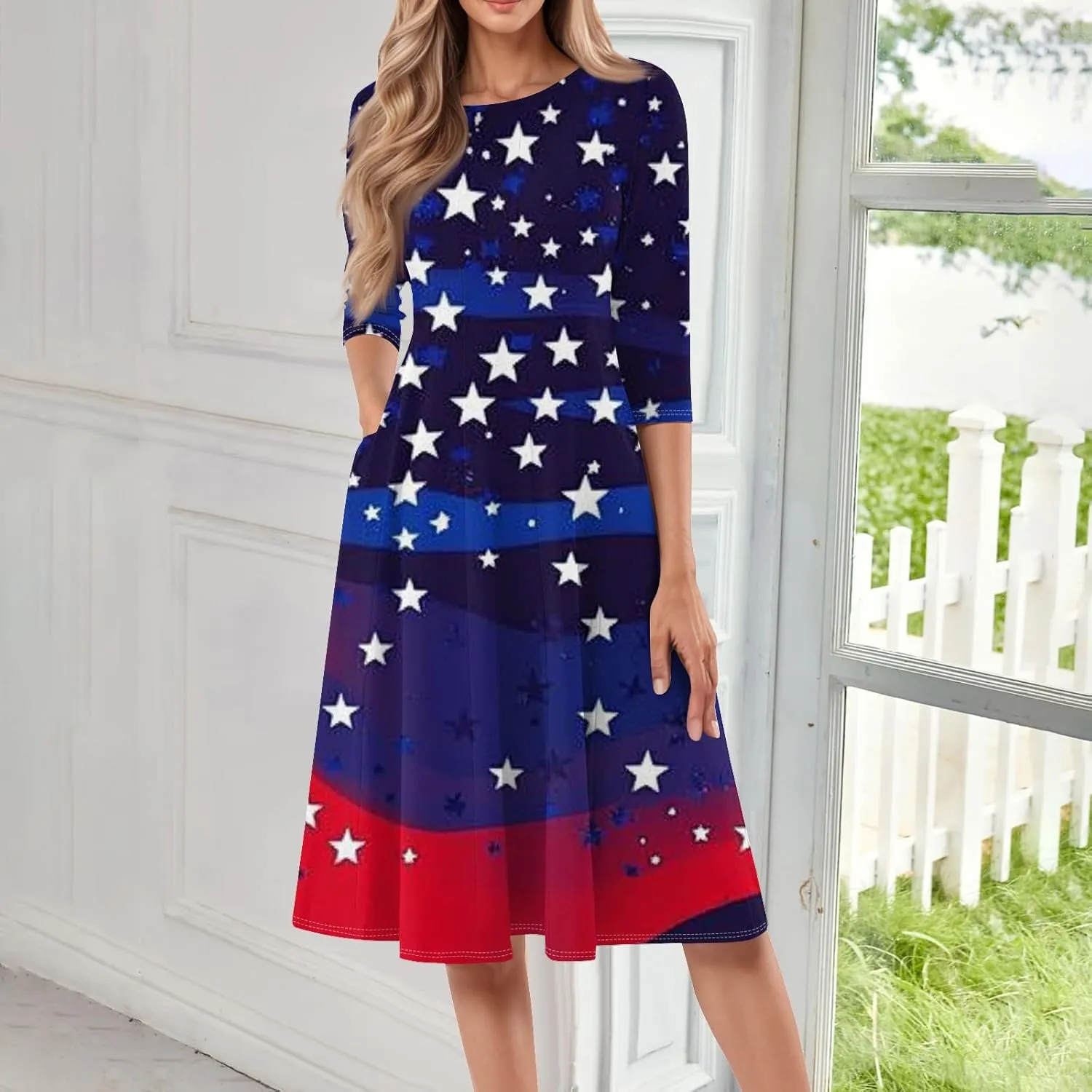 4th of July Outfits Casual Fashion Round Neck Three Quarter Sleeve Print Midi Dress Independence Day Apparel