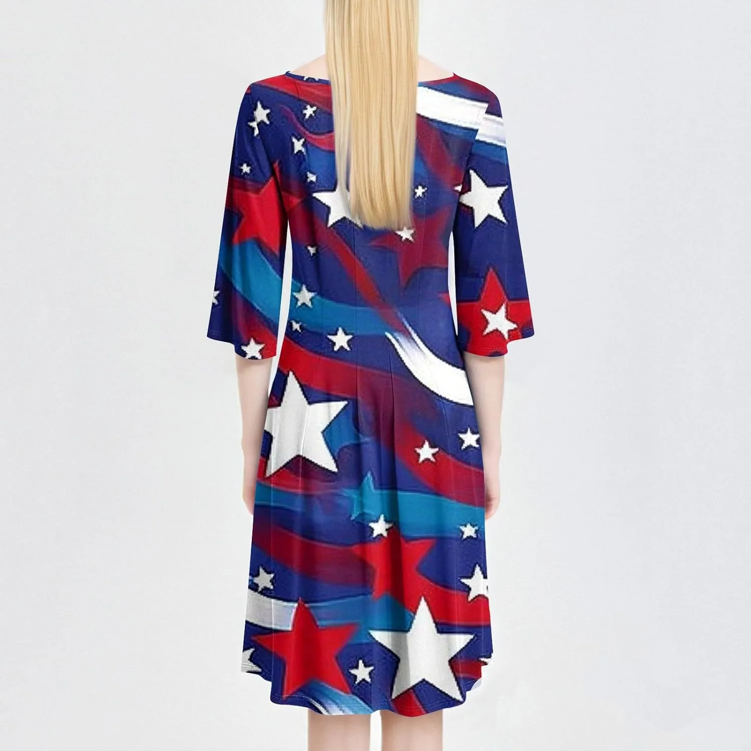 4th of July Outfits Casual Fashion Round Neck Three Quarter Sleeve Print Midi Dress Independence Day Apparel