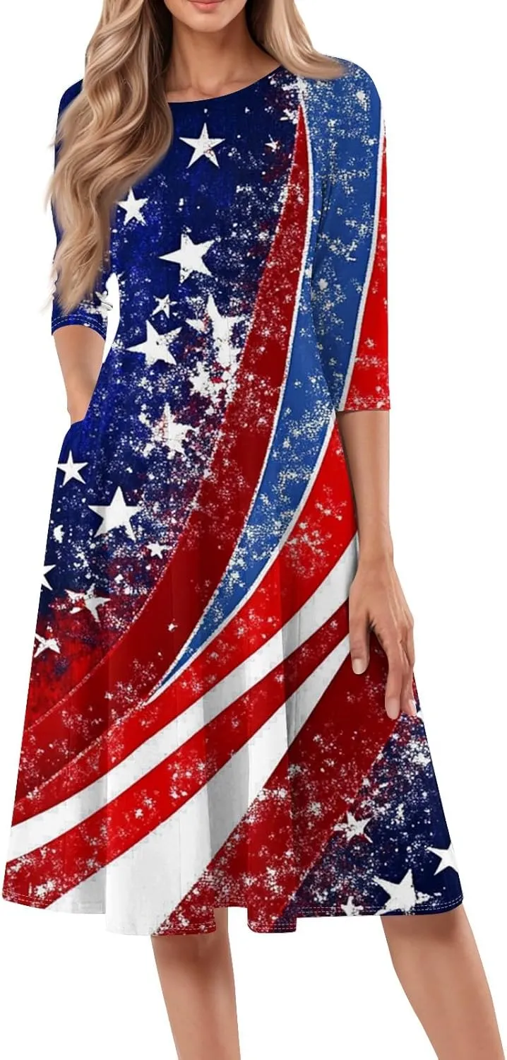 4th of July Outfits Casual Fashion Round Neck Three Quarter Sleeve Print Midi Dress Independence Day Apparel