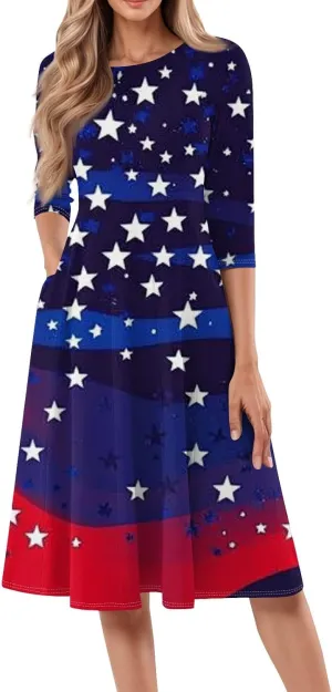 4th of July Outfits Casual Fashion Round Neck Three Quarter Sleeve Print Midi Dress Independence Day Apparel