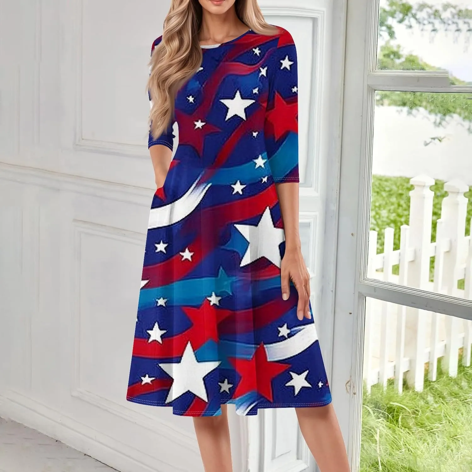 4th of July Outfits Casual Fashion Round Neck Three Quarter Sleeve Print Midi Dress Independence Day Apparel