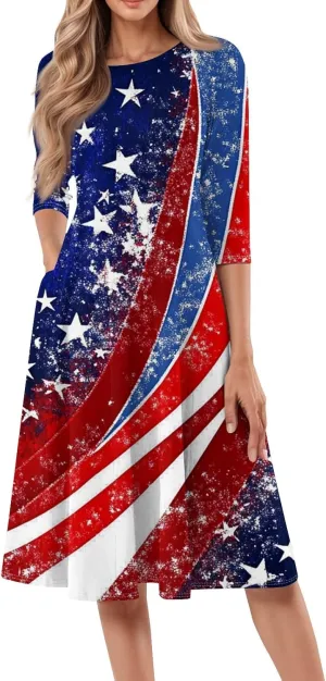 4th of July Outfits Casual Fashion Round Neck Three Quarter Sleeve Print Midi Dress Independence Day Apparel