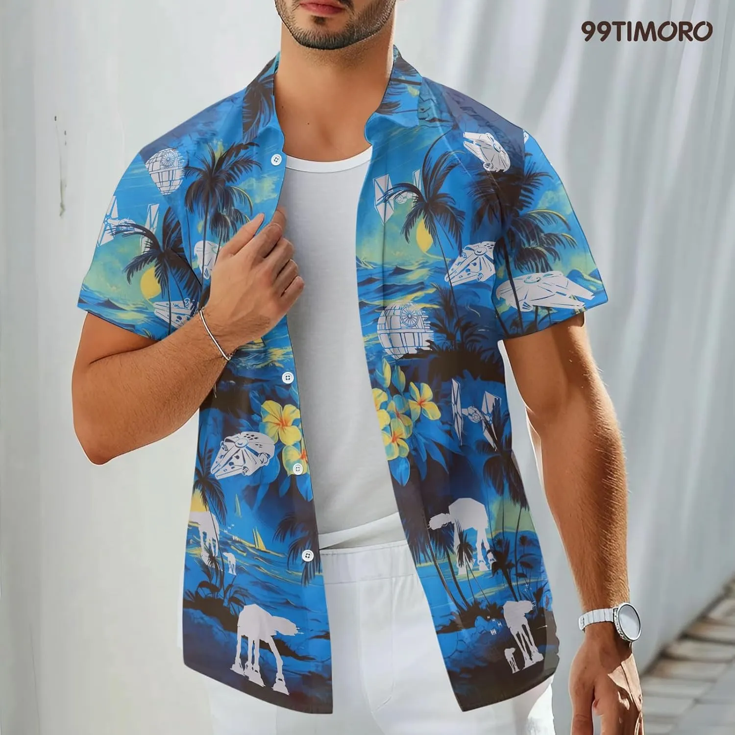99TIMORO Wars Movie Hawaiian Shirt, Space Button Short Sleeve Top, Warship Themed