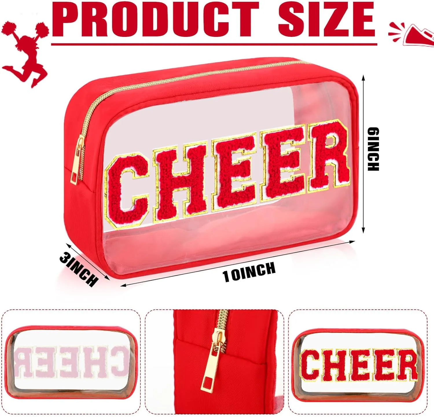 Abbylike Cheer Clear Makeup Letter Bag Cosmetic Zipper Cheers Pouch Chenille Patch Cheerleader Gifts Preppy Cheer Nylon Handmade Toiletry Bags for Women Girls Gifts (1, Red)
