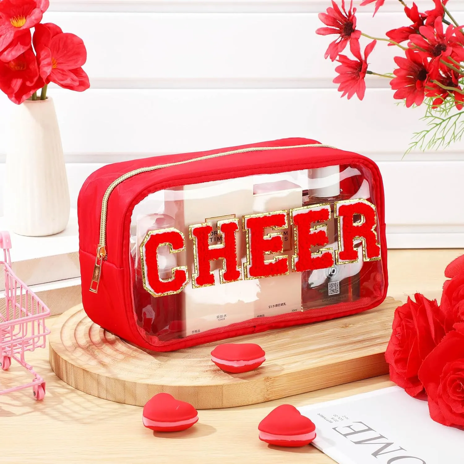 Abbylike Cheer Clear Makeup Letter Bag Cosmetic Zipper Cheers Pouch Chenille Patch Cheerleader Gifts Preppy Cheer Nylon Handmade Toiletry Bags for Women Girls Gifts (1, Red)