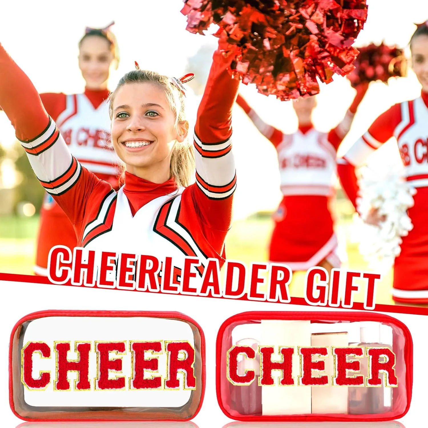 Abbylike Cheer Clear Makeup Letter Bag Cosmetic Zipper Cheers Pouch Chenille Patch Cheerleader Gifts Preppy Cheer Nylon Handmade Toiletry Bags for Women Girls Gifts (1, Red)