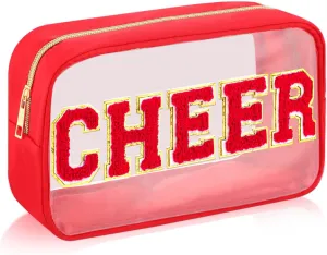Abbylike Cheer Clear Makeup Letter Bag Cosmetic Zipper Cheers Pouch Chenille Patch Cheerleader Gifts Preppy Cheer Nylon Handmade Toiletry Bags for Women Girls Gifts (1, Red)