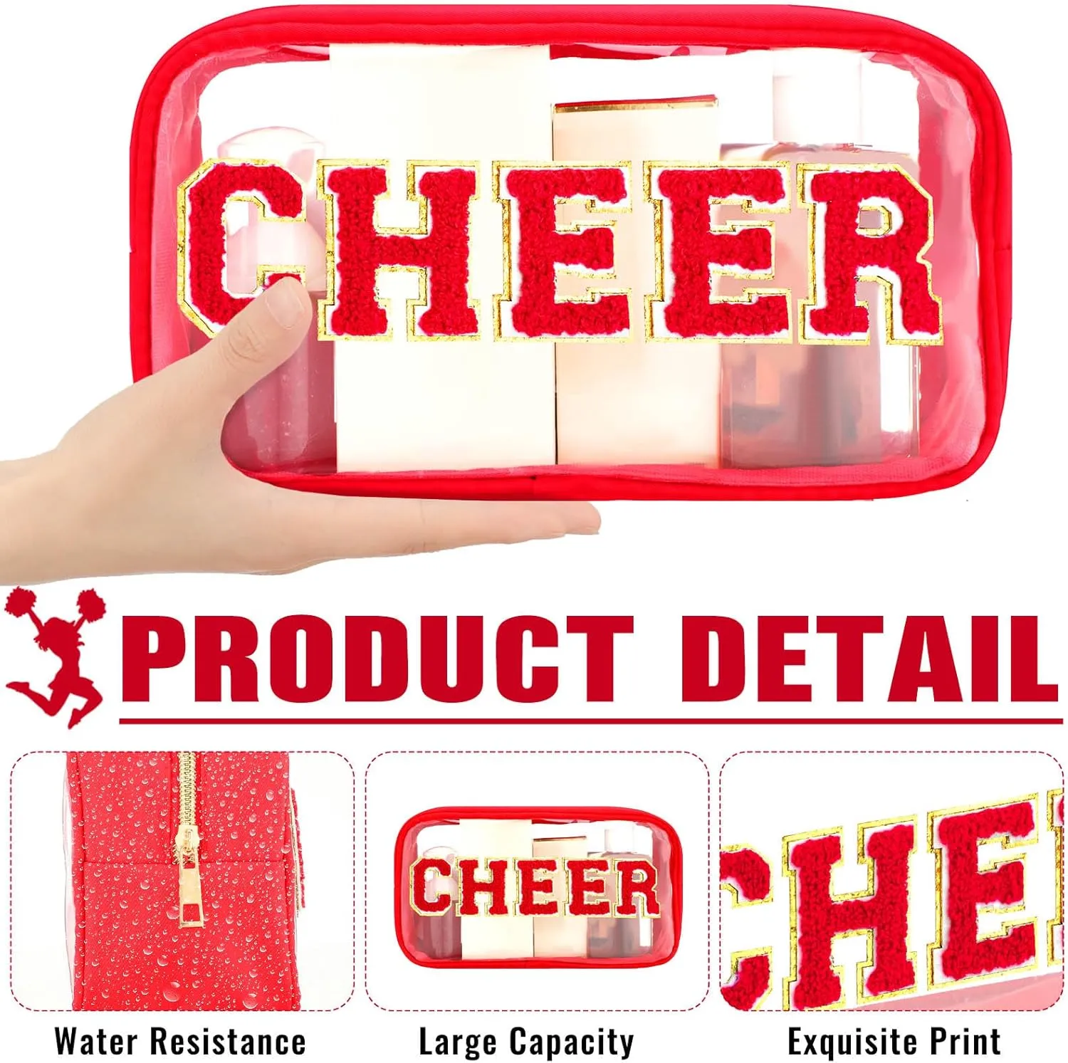 Abbylike Cheer Clear Makeup Letter Bag Cosmetic Zipper Cheers Pouch Chenille Patch Cheerleader Gifts Preppy Cheer Nylon Handmade Toiletry Bags for Women Girls Gifts (1, Red)