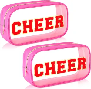 Abbylike Cheer Clear Makeup Letter Bag Cosmetic Zipper Cheers Pouch Chenille Patch Cheerleader Gifts Preppy Cheer Nylon Handmade Toiletry Bags for Women Girls Gifts (2, Rose Red)