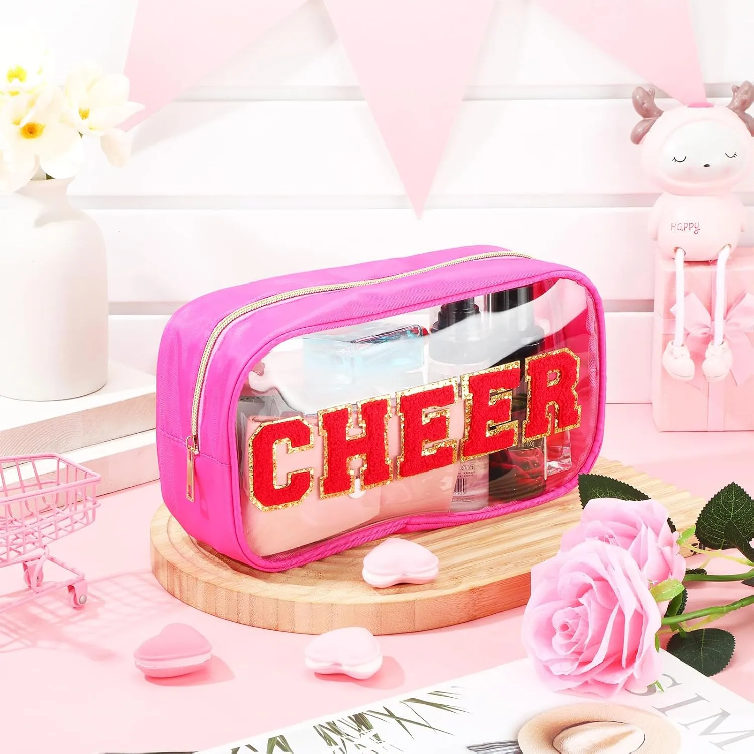 Abbylike Cheer Clear Makeup Letter Bag Cosmetic Zipper Cheers Pouch Chenille Patch Cheerleader Gifts Preppy Cheer Nylon Handmade Toiletry Bags for Women Girls Gifts (2, Rose Red)