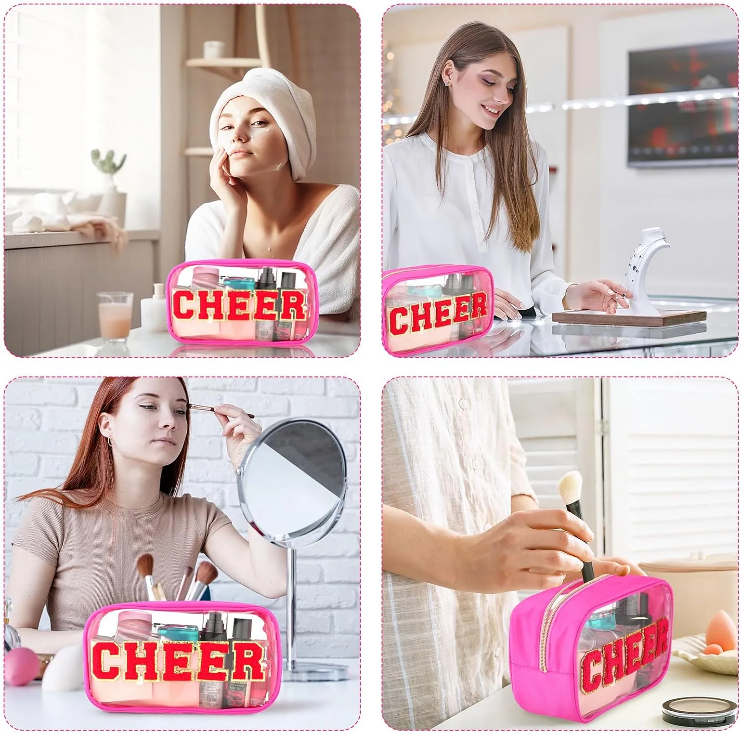 Abbylike Cheer Clear Makeup Letter Bag Cosmetic Zipper Cheers Pouch Chenille Patch Cheerleader Gifts Preppy Cheer Nylon Handmade Toiletry Bags for Women Girls Gifts (2, Rose Red)