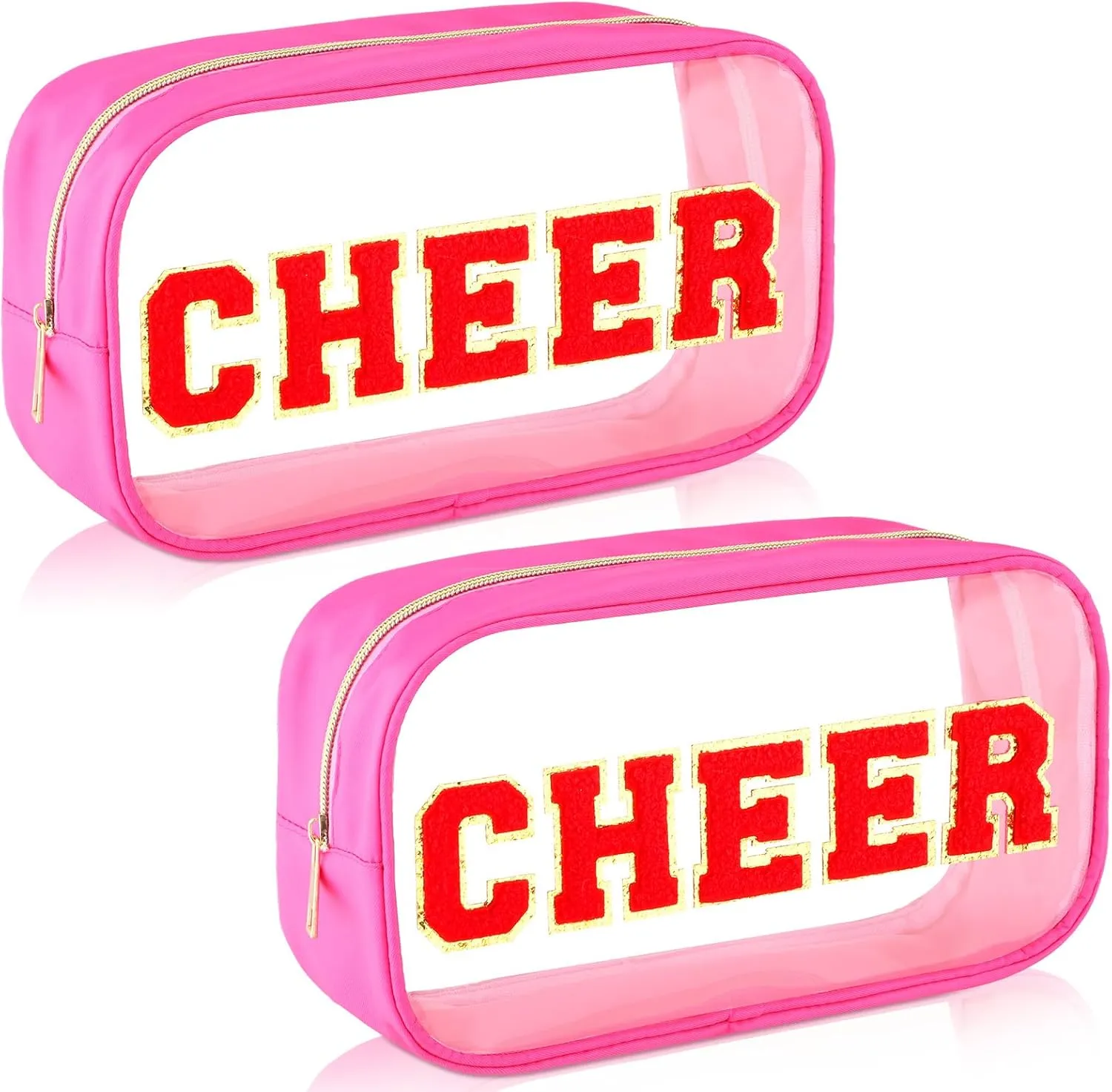 Abbylike Cheer Clear Makeup Letter Bag Cosmetic Zipper Cheers Pouch Chenille Patch Cheerleader Gifts Preppy Cheer Nylon Handmade Toiletry Bags for Women Girls Gifts (2, Rose Red)