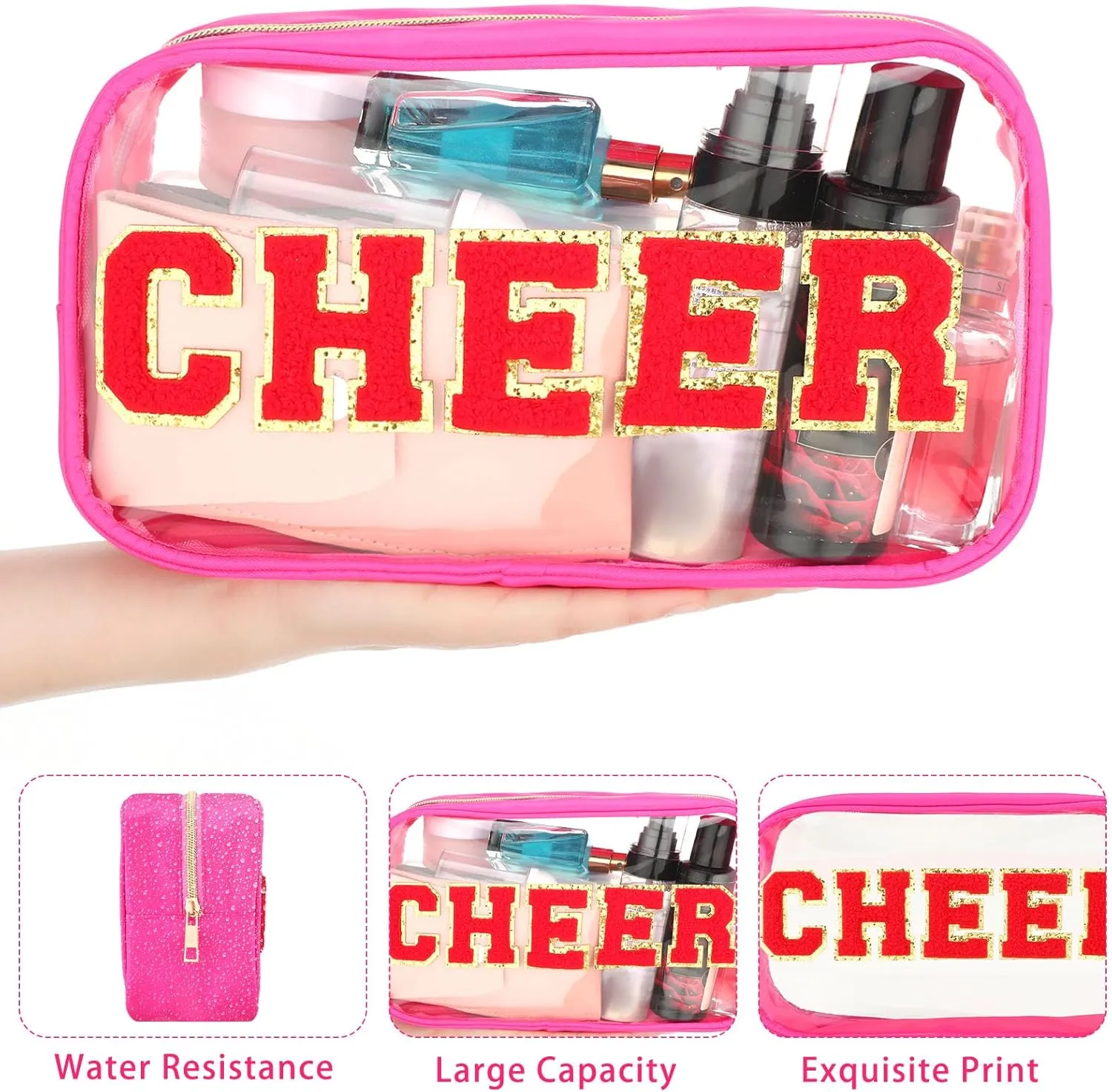 Abbylike Cheer Clear Makeup Letter Bag Cosmetic Zipper Cheers Pouch Chenille Patch Cheerleader Gifts Preppy Cheer Nylon Handmade Toiletry Bags for Women Girls Gifts (2, Rose Red)