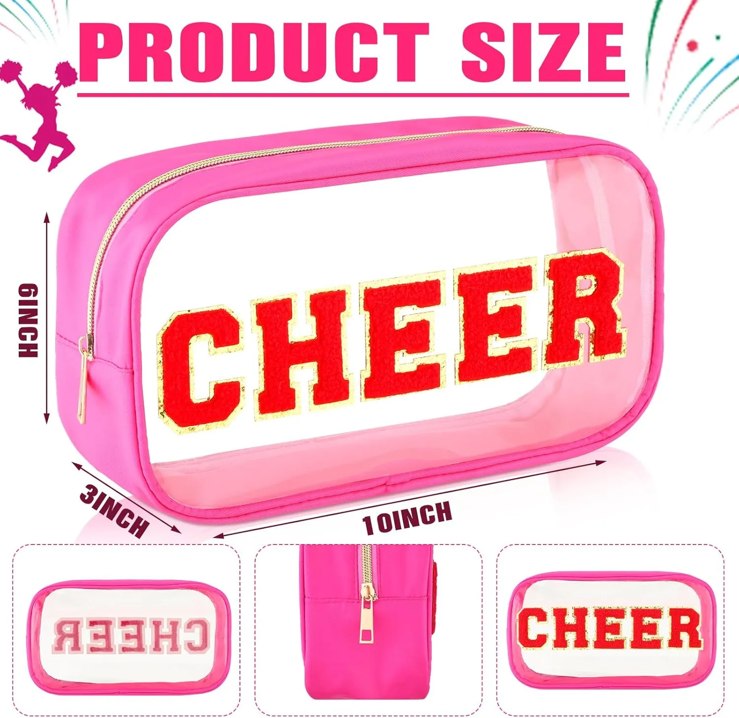 Abbylike Cheer Clear Makeup Letter Bag Cosmetic Zipper Cheers Pouch Chenille Patch Cheerleader Gifts Preppy Cheer Nylon Handmade Toiletry Bags for Women Girls Gifts (2, Rose Red)