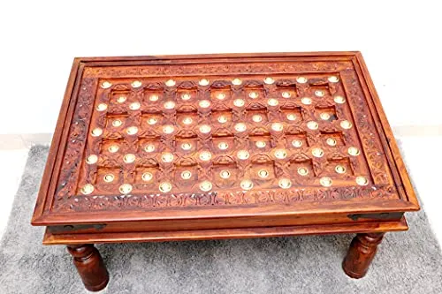 advika handicraft Antique Mor Bakhra Design Sheesham (Rosewood) Solid Wood Table | Coffee Table | Garden and Outdoor Table |Decorative| Living Room|Natural Brown(90X60X45) cm