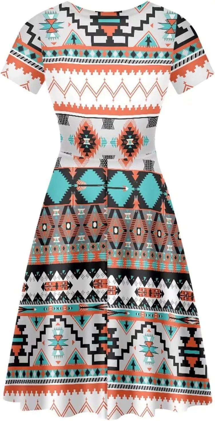 AFPANQZ Womens Casual Summer Lightweight Vintage Dress Short Sleeve Midi Dress Knee-Long Luxury Formal Dress