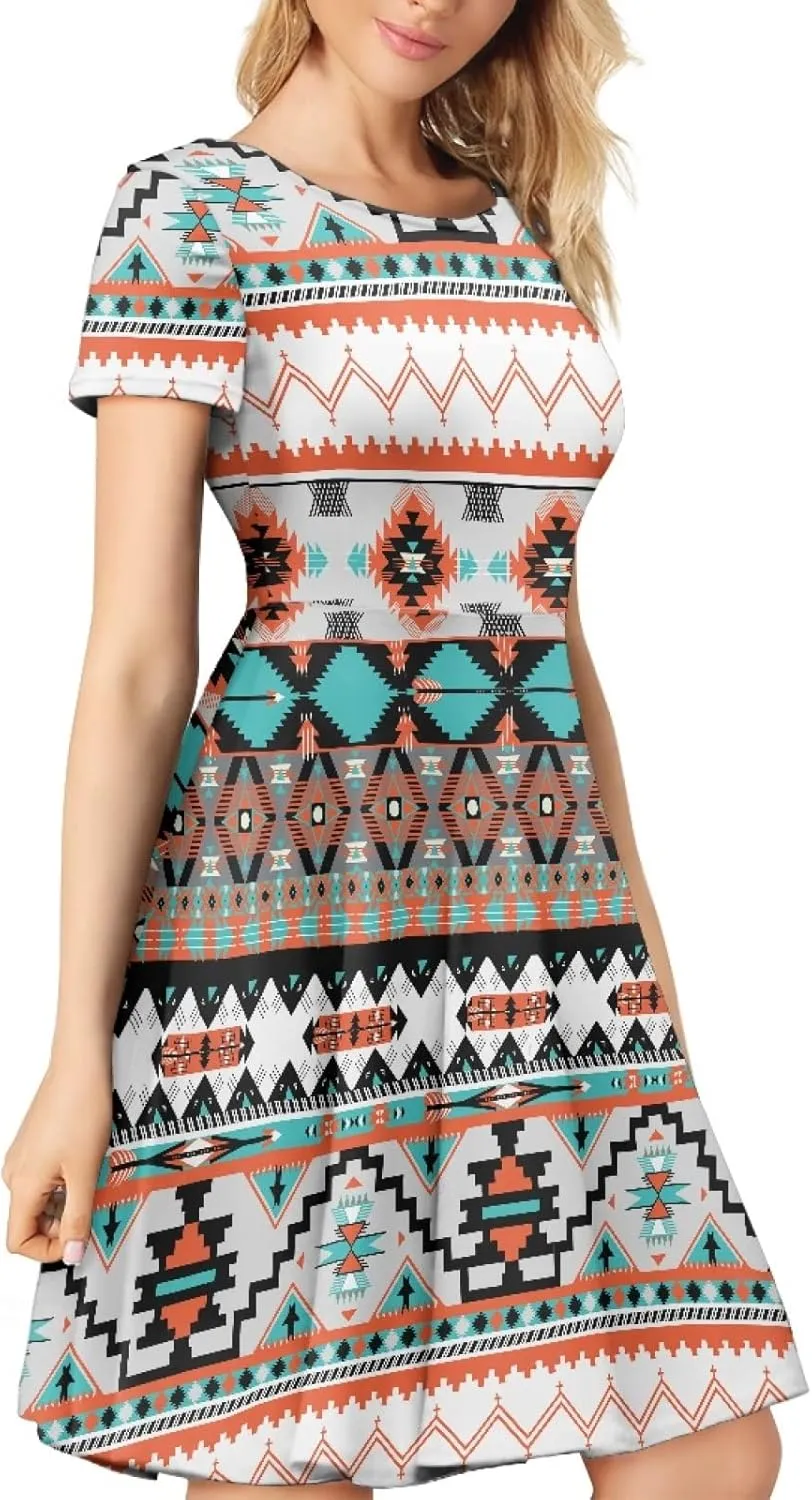 AFPANQZ Womens Casual Summer Lightweight Vintage Dress Short Sleeve Midi Dress Knee-Long Luxury Formal Dress