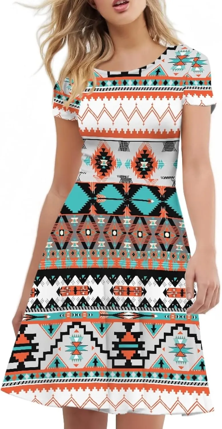 AFPANQZ Womens Casual Summer Lightweight Vintage Dress Short Sleeve Midi Dress Knee-Long Luxury Formal Dress