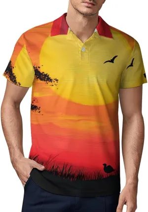 African Giraffe Sunset Men's Polo-Shirt Regular-Fit Short Sleeve Sports Quick Dry Golf Tennis T-Shirt
