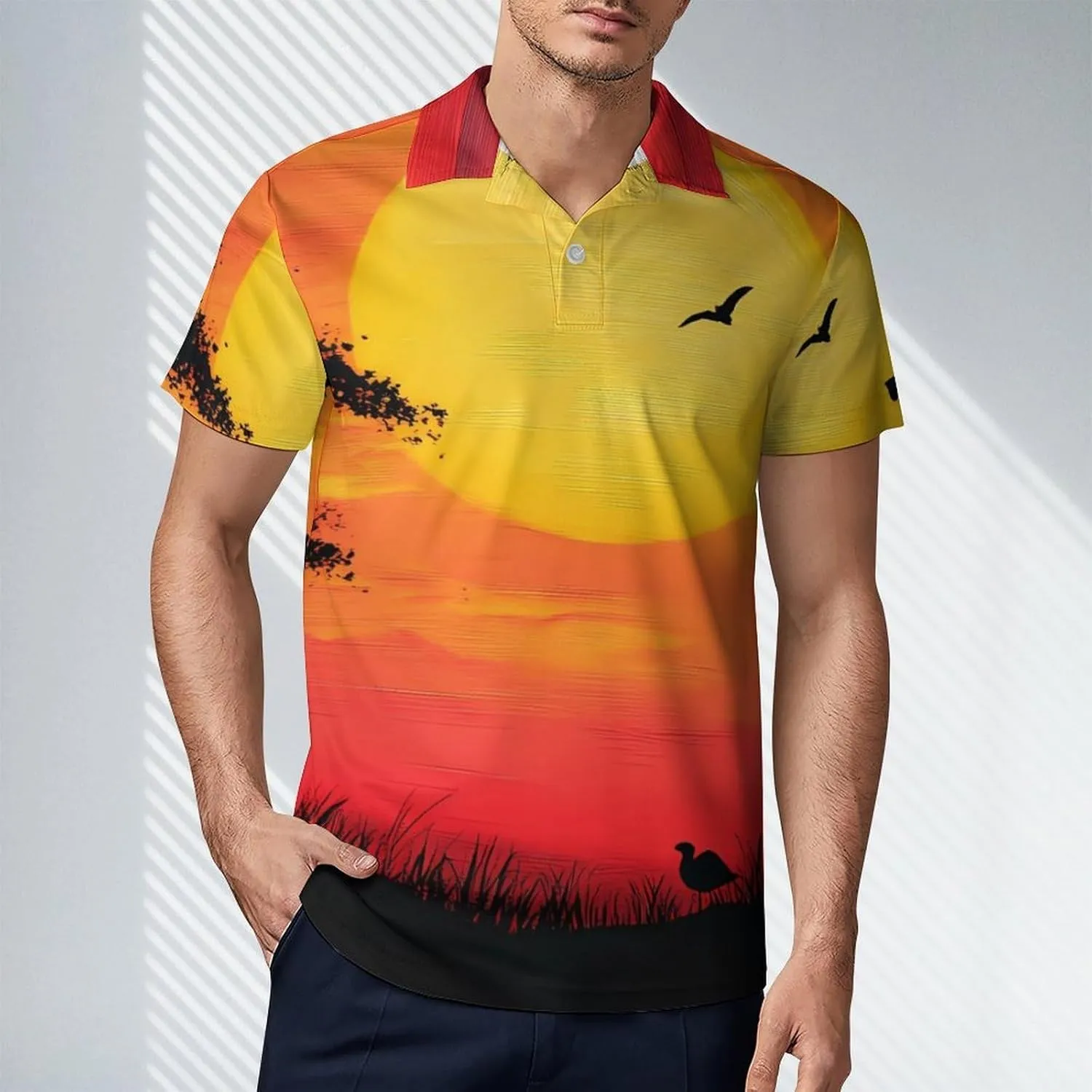 African Giraffe Sunset Men's Polo-Shirt Regular-Fit Short Sleeve Sports Quick Dry Golf Tennis T-Shirt