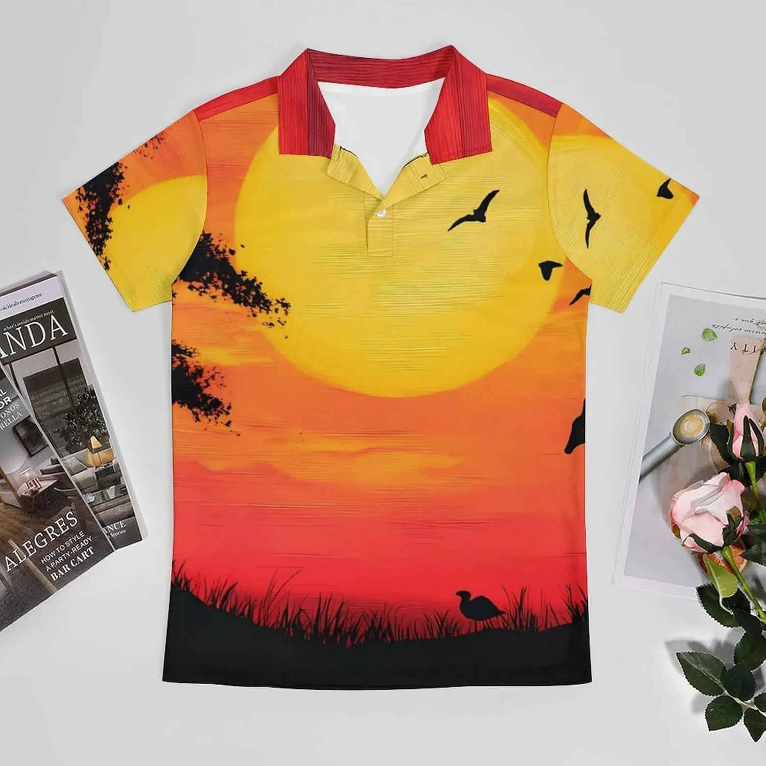 African Giraffe Sunset Men's Polo-Shirt Regular-Fit Short Sleeve Sports Quick Dry Golf Tennis T-Shirt