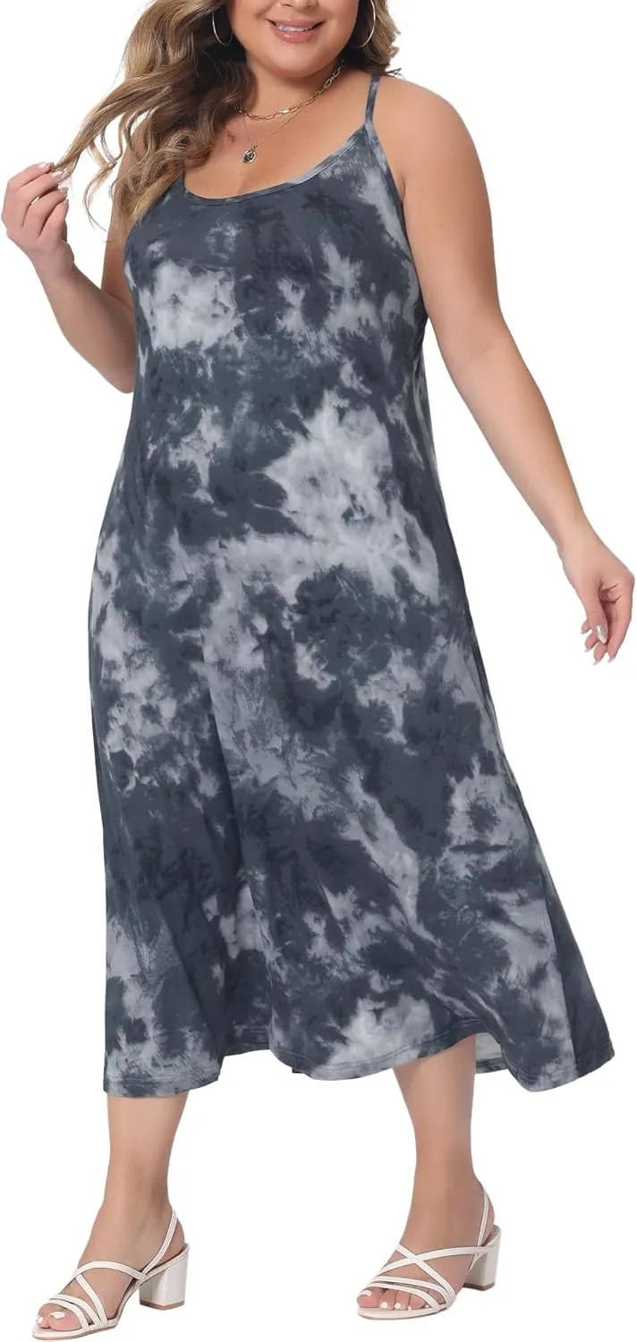 Agnes Orinda Plus Size Dress for Women Round Neck Tie Dye Spaghetti Strap Cami 2024 Midi Dresses