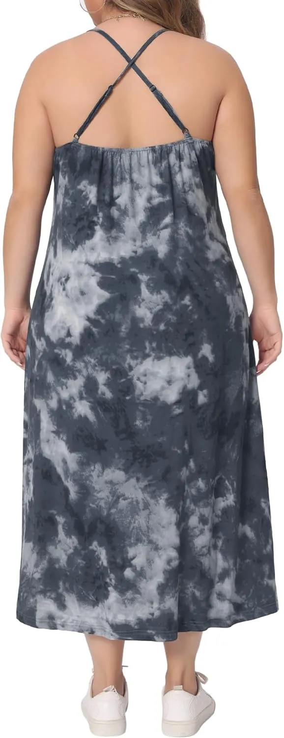 Agnes Orinda Plus Size Dress for Women Round Neck Tie Dye Spaghetti Strap Cami 2024 Midi Dresses