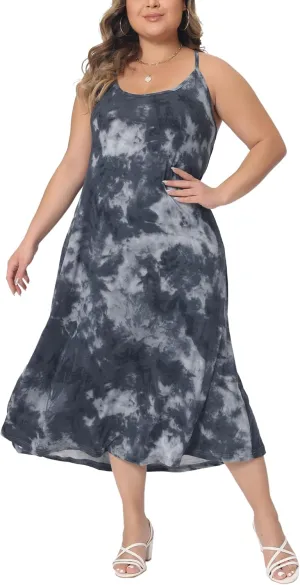Agnes Orinda Plus Size Dress for Women Round Neck Tie Dye Spaghetti Strap Cami 2024 Midi Dresses