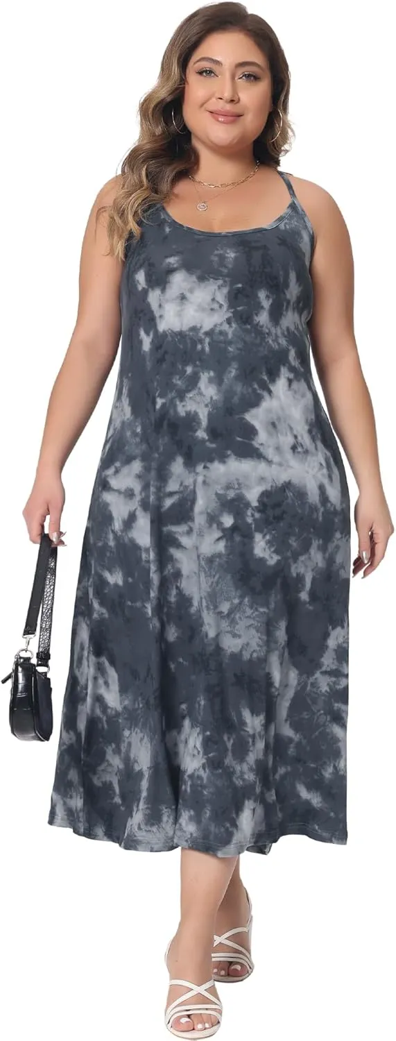 Agnes Orinda Plus Size Dress for Women Round Neck Tie Dye Spaghetti Strap Cami 2024 Midi Dresses