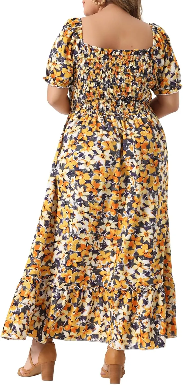 Agnes Orinda Plus Size Dress for Women Short Sleeve Shirred Square Neck Floral Maxi Long Dresses