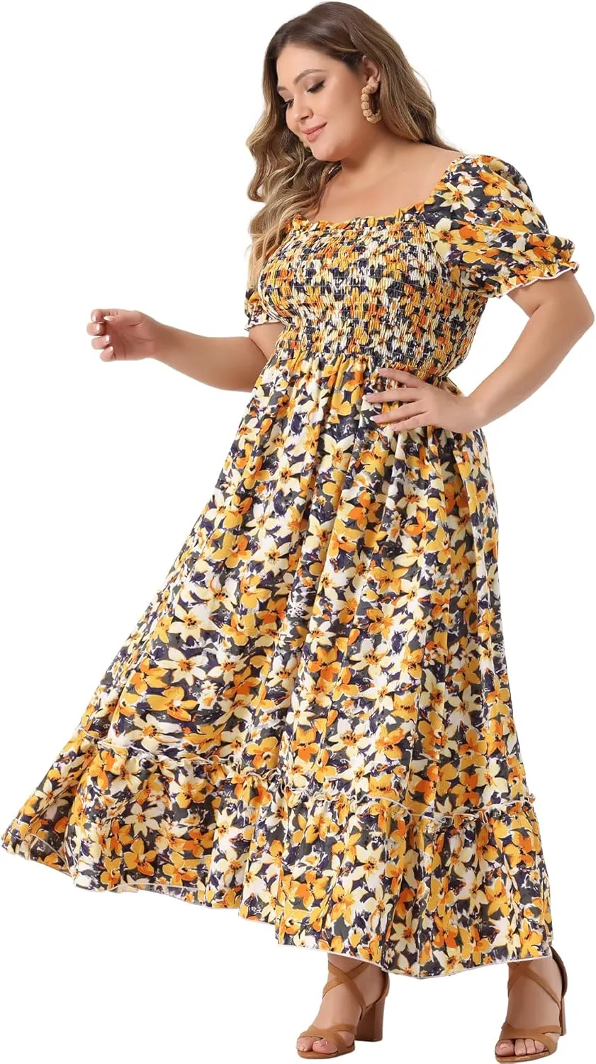 Agnes Orinda Plus Size Dress for Women Short Sleeve Shirred Square Neck Floral Maxi Long Dresses