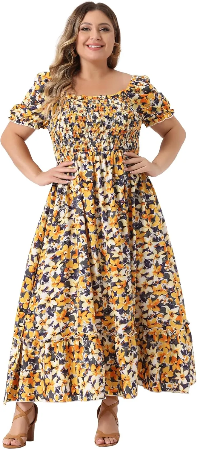 Agnes Orinda Plus Size Dress for Women Short Sleeve Shirred Square Neck Floral Maxi Long Dresses