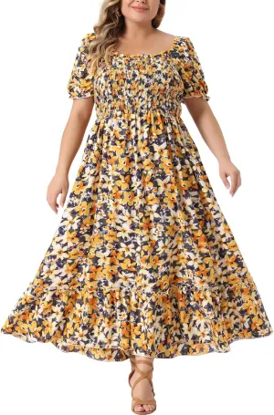 Agnes Orinda Plus Size Dress for Women Short Sleeve Shirred Square Neck Floral Maxi Long Dresses