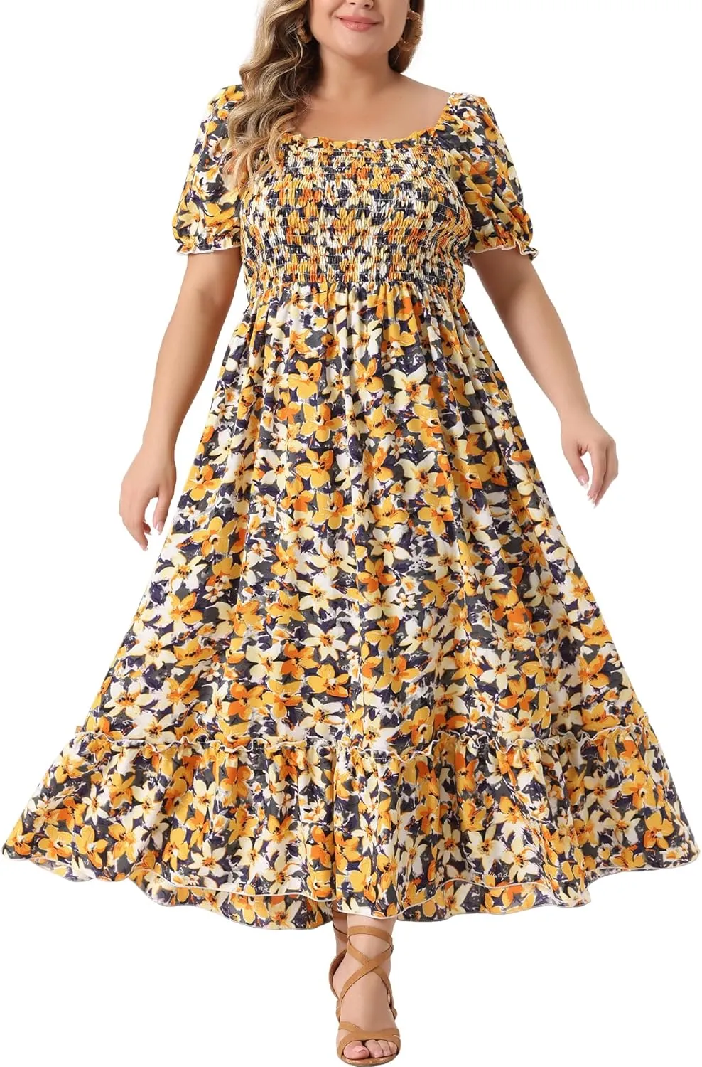 Agnes Orinda Plus Size Dress for Women Short Sleeve Shirred Square Neck Floral Maxi Long Dresses