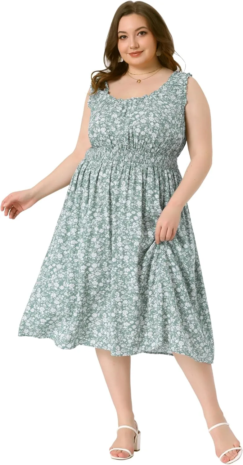 Agnes Orinda Plus Size Dress for Women Square Neck Sleeveless Floral Flowy Stretchy Waist Midi Summer Dresses