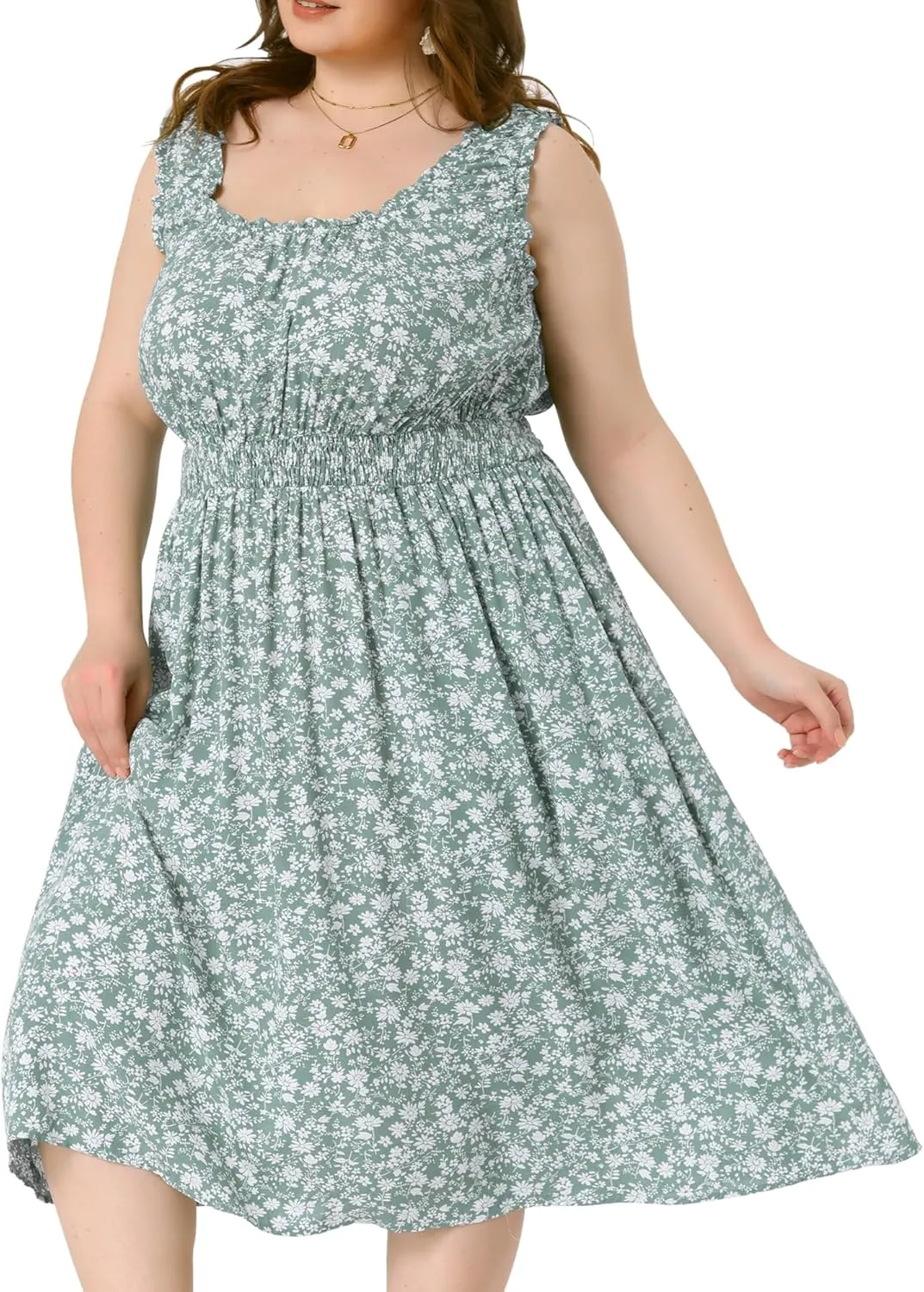 Agnes Orinda Plus Size Dress for Women Square Neck Sleeveless Floral Flowy Stretchy Waist Midi Summer Dresses