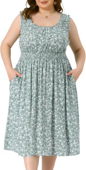 Agnes Orinda Plus Size Dress for Women Square Neck Sleeveless Floral Flowy Stretchy Waist Midi Summer Dresses