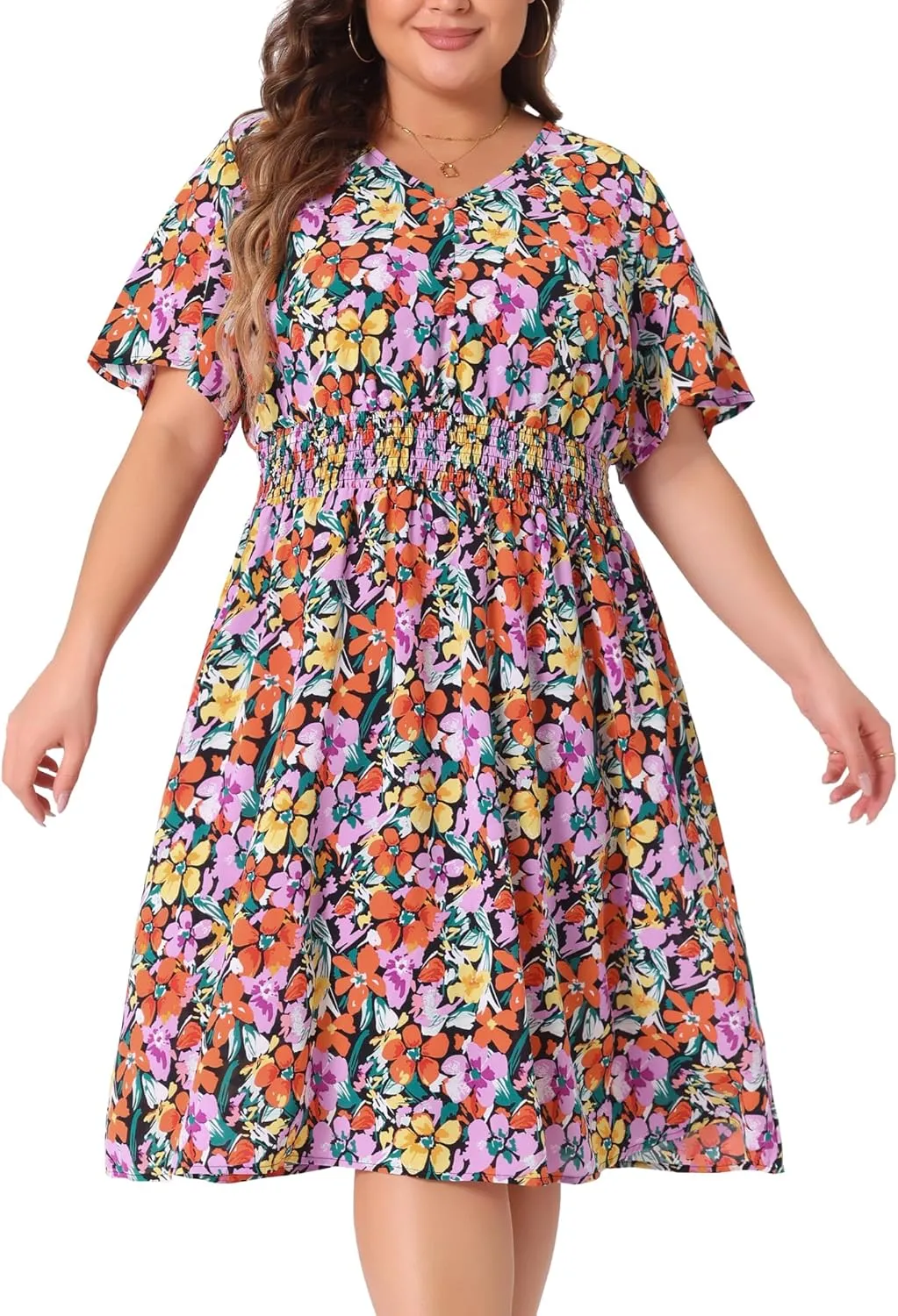 Agnes Orinda Plus Size Dresses for Women 2024 Summer Elastic Waist V Neck Short Sleeve Floral Midi Dress