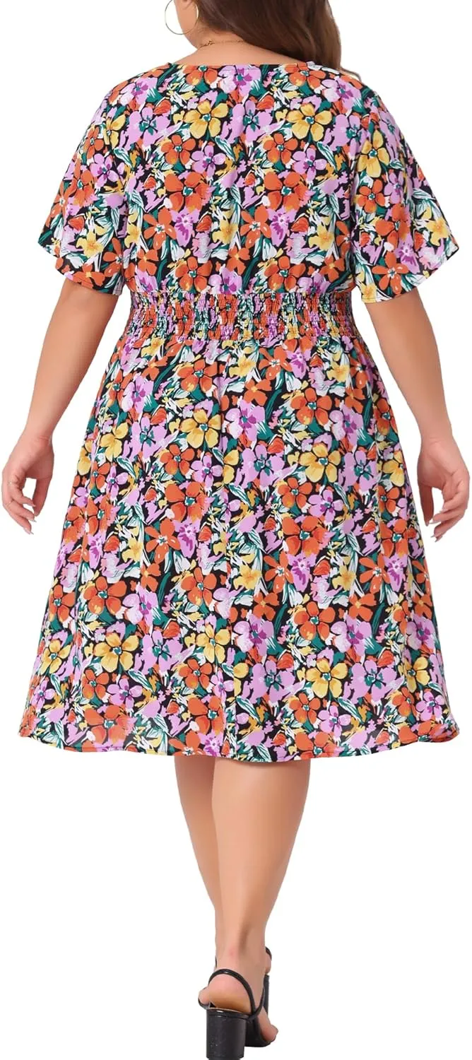 Agnes Orinda Plus Size Dresses for Women 2024 Summer Elastic Waist V Neck Short Sleeve Floral Midi Dress