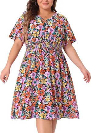 Agnes Orinda Plus Size Dresses for Women 2024 Summer Elastic Waist V Neck Short Sleeve Floral Midi Dress