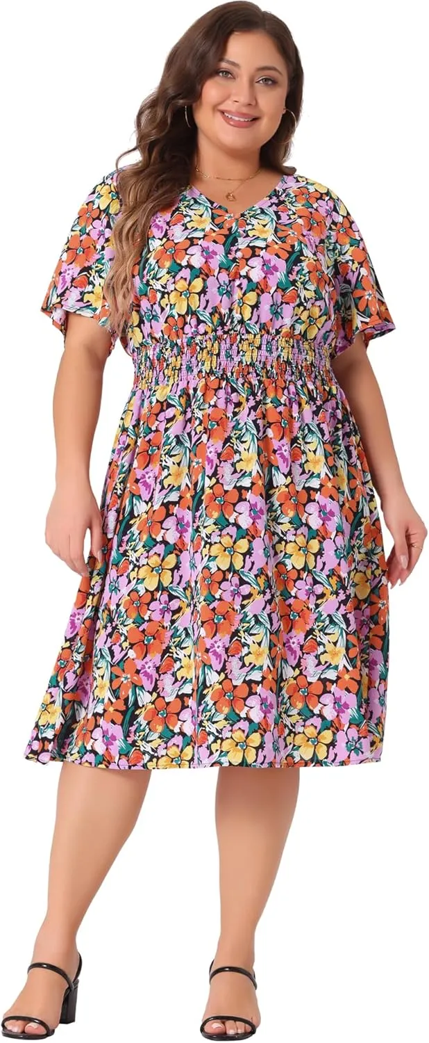 Agnes Orinda Plus Size Dresses for Women 2024 Summer Elastic Waist V Neck Short Sleeve Floral Midi Dress