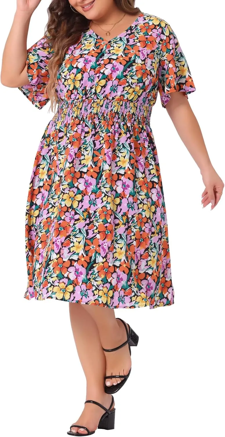 Agnes Orinda Plus Size Dresses for Women 2024 Summer Elastic Waist V Neck Short Sleeve Floral Midi Dress