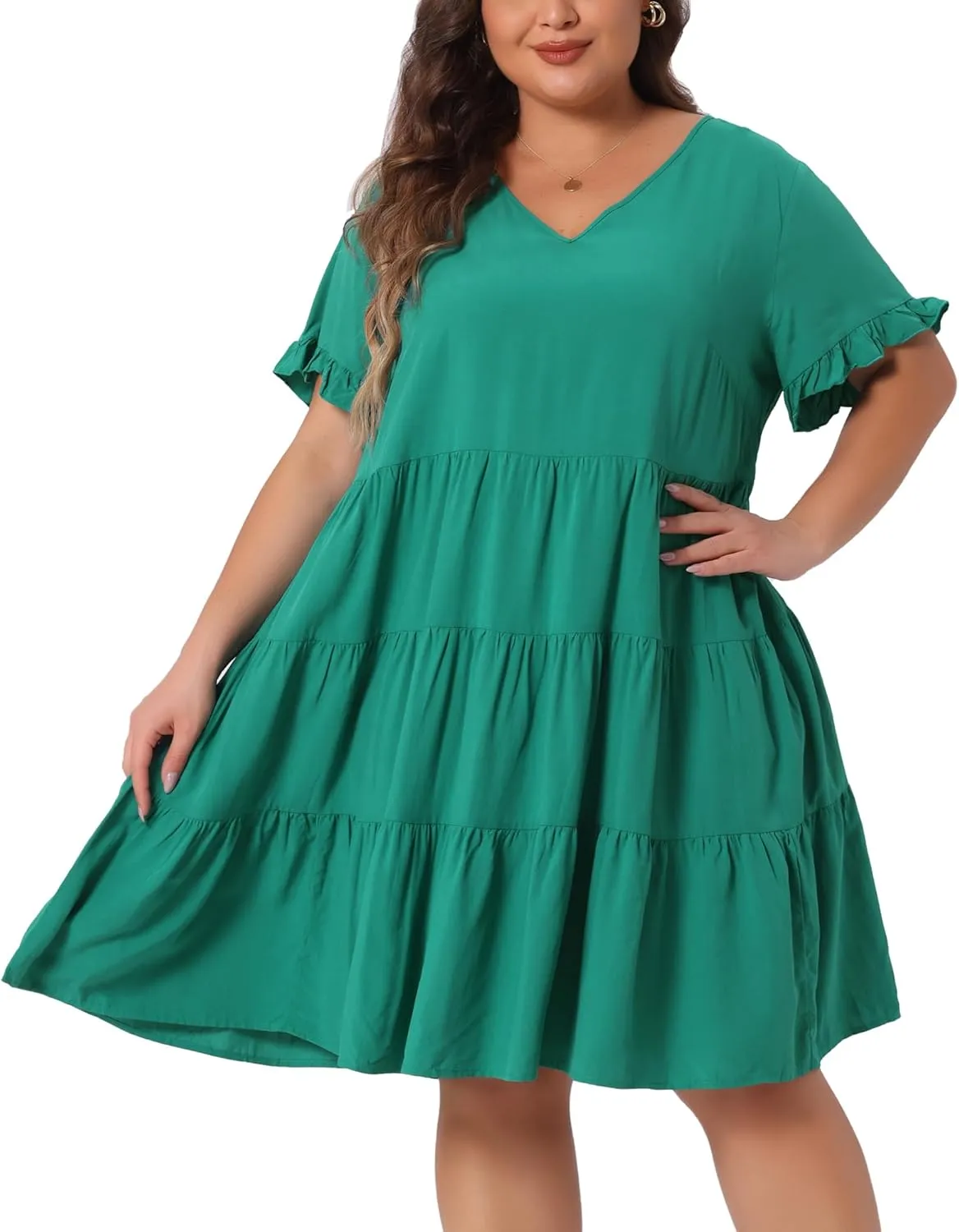 Agnes Orinda Plus Size Dresses for Women V Neck Ruffle Sleeve with Pockets Swing A Line Tiered Dress