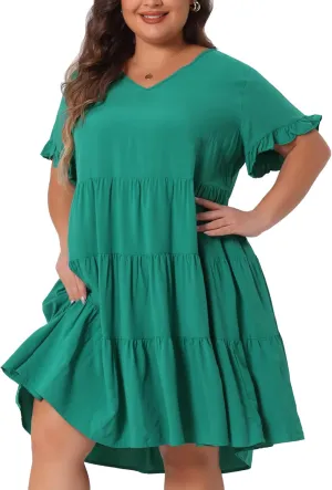 Agnes Orinda Plus Size Dresses for Women V Neck Ruffle Sleeve with Pockets Swing A Line Tiered Dress